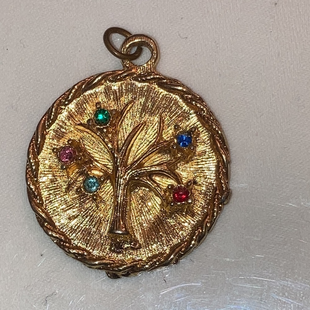 TREE OF LIFE Goldtone PENDANT w/5 Colored Stones; 1 1/8” Diameter